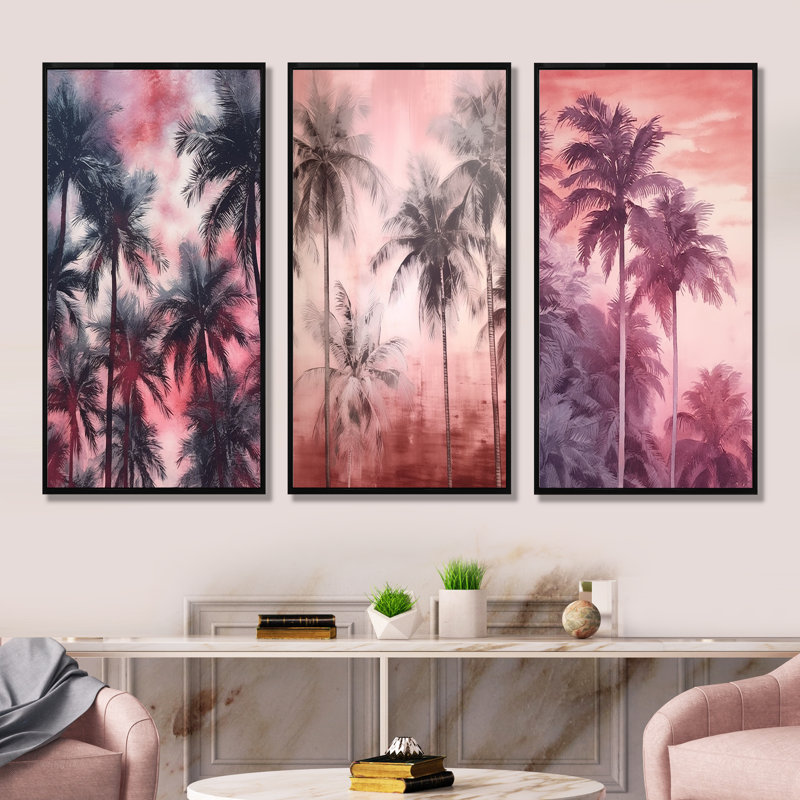 Ensemble de 3 décorations murales rétro avec palmiers roses et ombres, Cadre flottant noir, H 32 po x l 48 po