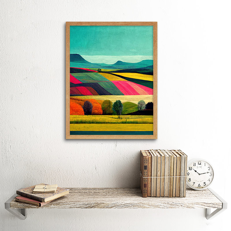 Colourful Bright Countryside Fields Landscape - Print, 43cm H x 33cm W, Light Brown Framed Paper