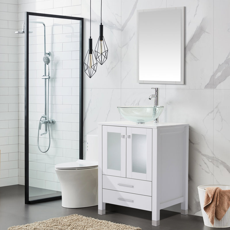 Meuble-lavabo simple 24 po avec plateau en bois , lavabo vasque, robinet en alliage de zinc, Blanc