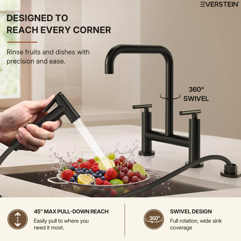 Bridge Kitchen Faucet with Swivel Spout, 2-Handle Kitchen Faucet with Side Spray, Matte Black
