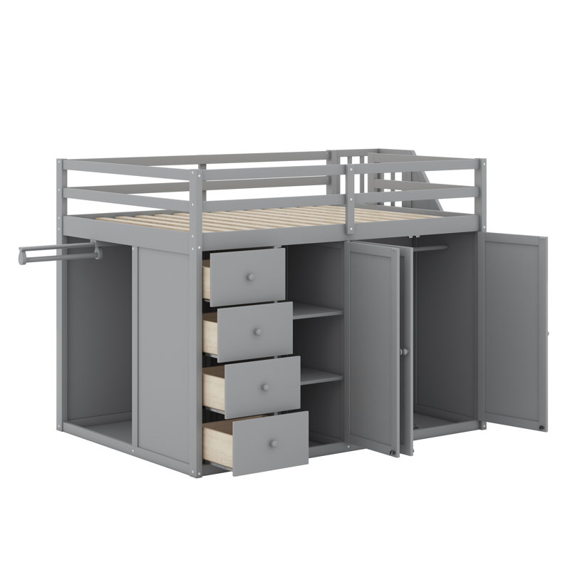Lit mezzanine avec armoires encastrées, Gris