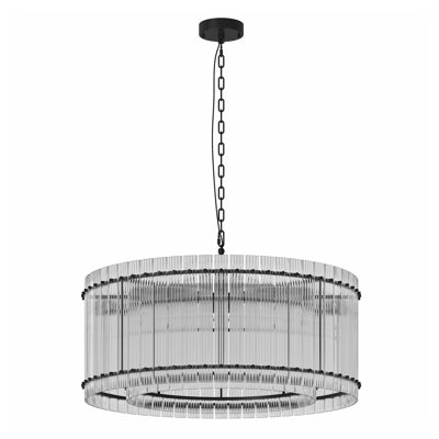 Modern Black Round Chandelier with Water Ripple Crystal Glass - 2-Tier 8-Light Luxury Pendant Light for Dining Room, Living Room, High Ceiling Foyer Entryway