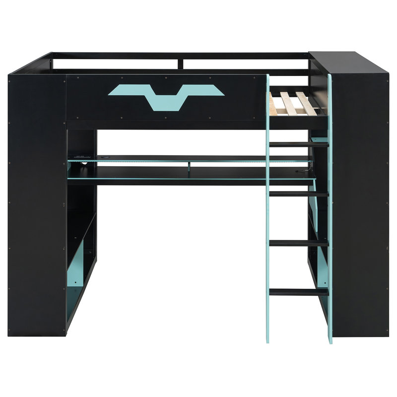 Lit mezzanine en bois avec prise de courant et ports USB / Type-C, gestion des câbles intégrée et lumière RVB, Bleu