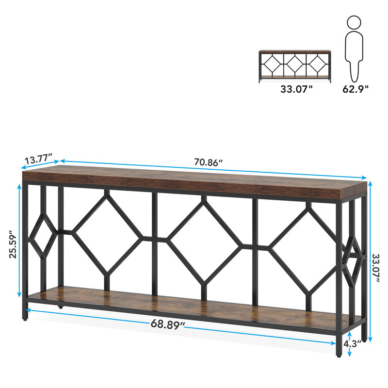 Très longue table d'appoint 70,86 po, console 2 niveaux, Brun rustique / noir