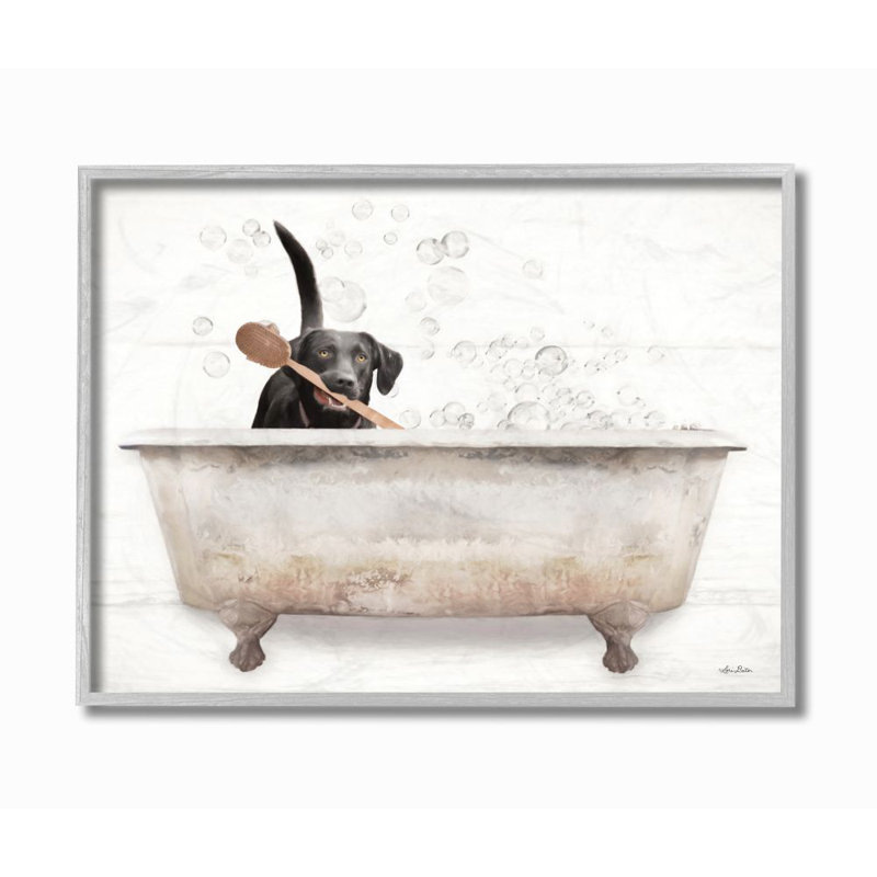 Happy Labrador in Rustic Bubble Bath Design Gray Farmhouse, H 11 po x l 14 po, Estampe numérique Farmhouse