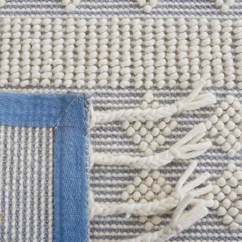 Sucher Hand Woven Wool/Cotton Geometric Rug in Ivory/Light Blue, Rectangle 3' x 5'