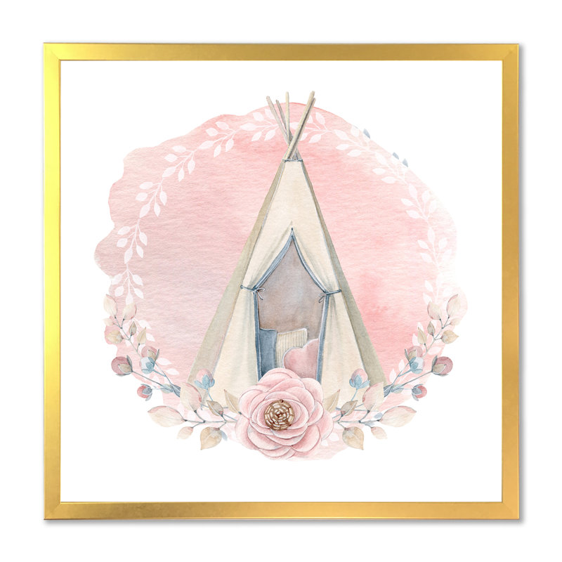 Kids Boho Wigwam en rose - peinture sur toile, H 17,5 po x l 17,5 po x P 1 po, Cadre doré