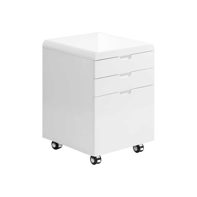 Classeur blanc brillant sur roulettes, 3 rangements, support pour imprimante moderne avec extérieur contemporain et rangement lisse