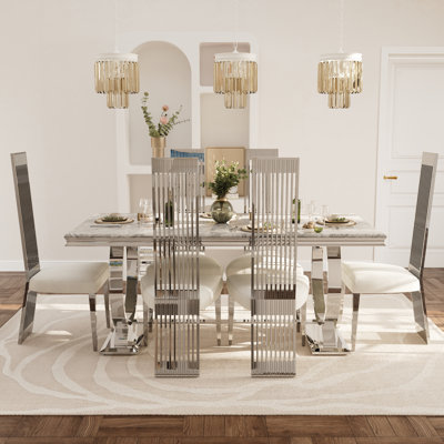 Ensemble de table de salle à manger 7 pièces blanc et argent avec 6 chaises blanches Boucle