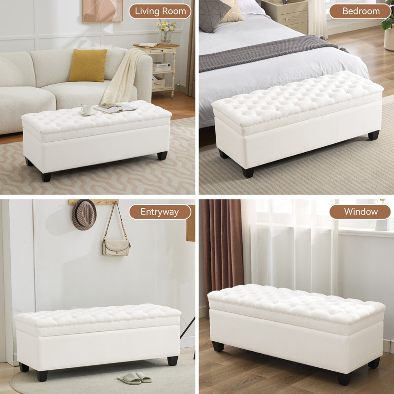 51" W Linen Upholstered Flip Top Storage Bench, Beige