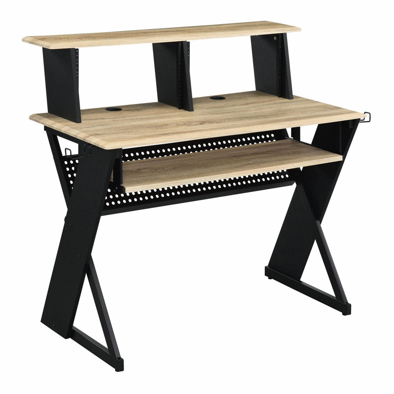 Bureau de musique naturel et noir avec gestion des câbles