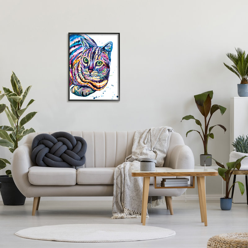 «Fun Striped Rainbow Cat Portrait» par Jen Seeley - cadre flottant, impression sur bois, H 30 po x l 24 po x P 1,5 po