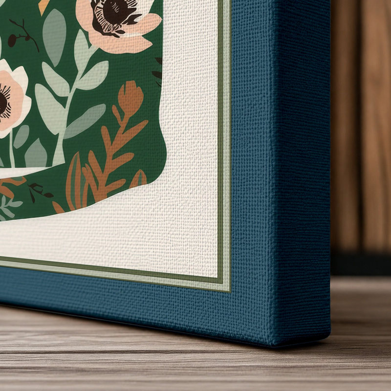 Floral Cat Silhouette Botanical 1 Piece Wrapped Canvas Wall Art, 18x12 - 45.7 x 30.5 cm, Teal Border