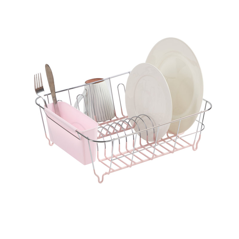 Égouttoir à vaisselle compact en acier chromé 2 pièces avec panier à ustensiles, Pale Pink