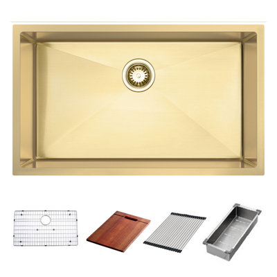 Évier de cuisine station de travail HIGOLD 30 pouces avec planche à découper, évier sous plan en acier inoxydable avec accessoires, PVD or 30 po x 18 po x 9 po