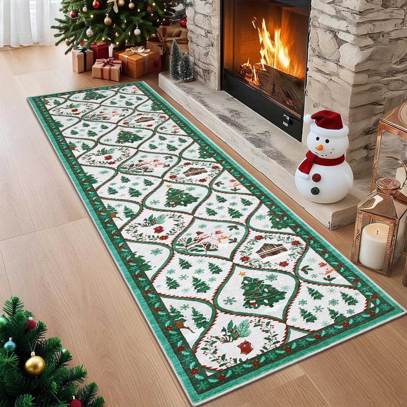 2x6ft Washable Christmas Area Rug Non Slip Decorative Xmas Holiday Carpet with Santa & Reindeer Print Soft Non Shedding
