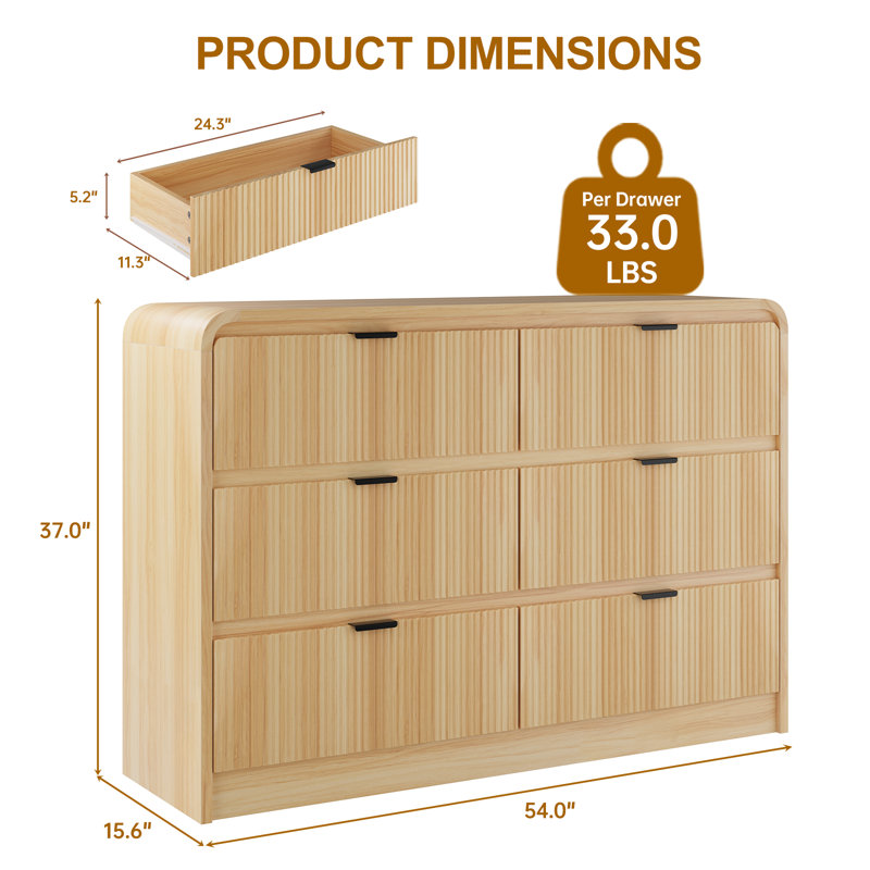 Aguilera Fluted 6 Drawers Dresser for Bedroom, 54" Wide Wooden Dresser with Metal Handle, Curved Profile Design, Modern Storage Organizer for Living Room, Hallway