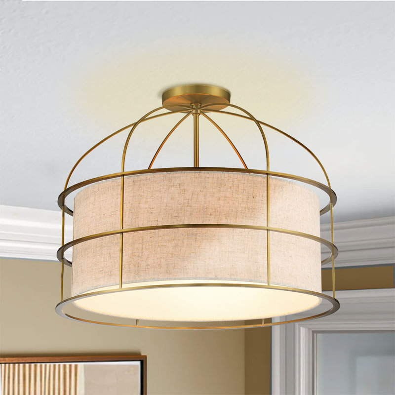Latitude Run Gateway With Oatmeal Linen Pendant Light, Soft Brass