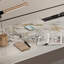Bureau blanc à 3 tiroirs blanc + gris + pierre rectangulaire dorée + bois manufacturé + métal-2076744121
