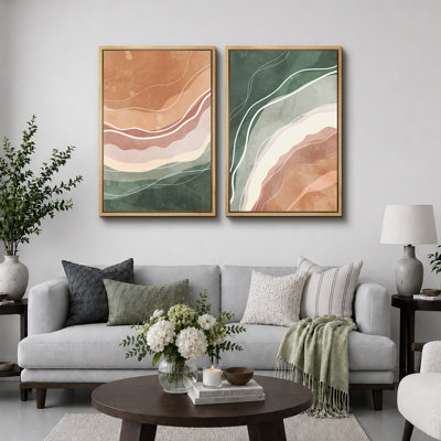 «Green and Brown Watercolor Color Waves Abstract Shapes Modern Chic on Canvas», reproduction de 2 pièces