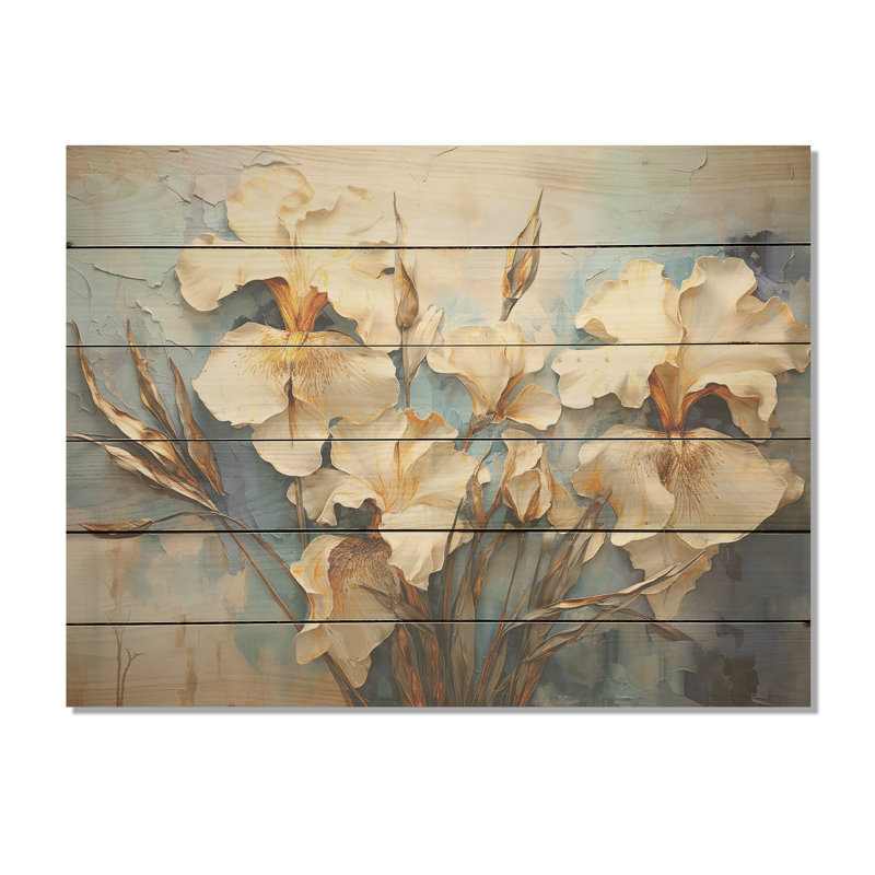 Minimalisme beige et or - iris, art mural sur bois de pin naturel, H 24 po x l 32 po