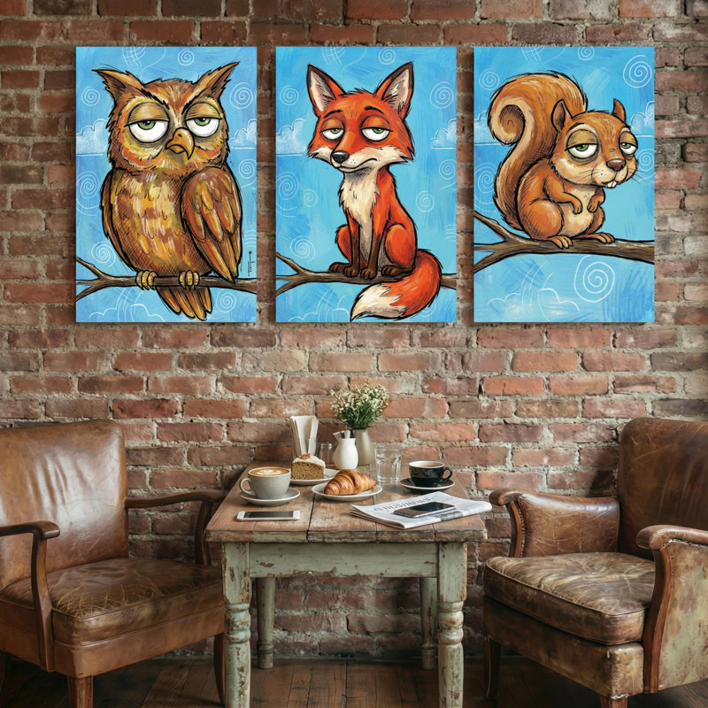 Animaux, chouette renard, écureuil, branche d'arbre, reflet du ciel, ensemble de 3 impressions sur toile, H 36 po x l 72 po