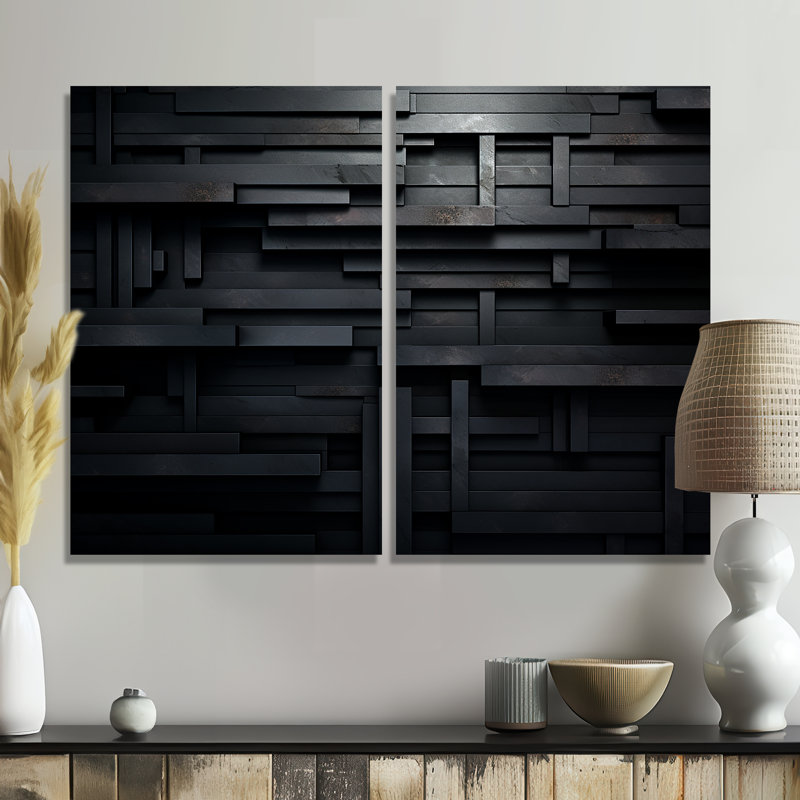 «Black Brick Cube Dimensions V», art mural abstrait géométrique, ensemble de 2 impressions sur toile, H 36 po x l 48 po