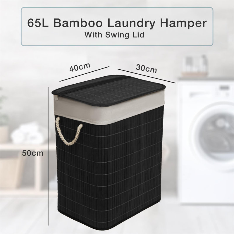 65L Square Bamboo Foldable Laundry Basket With Lid And Liner Black