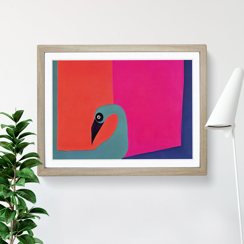 Modern Abstract Flamingo - Framed Print, 46cm H x 64cm W x 2cm D, Oak Framed