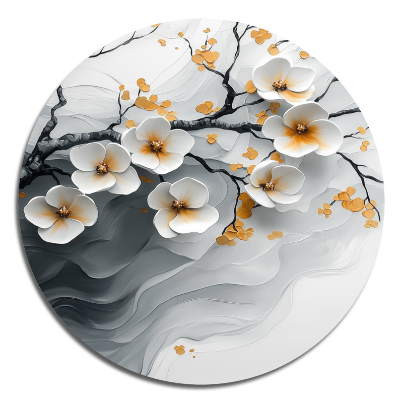 Velours fleur de cerisier noir I - décoration murale ronde en métal Cherry Blossom, H 23 po x l 23 po