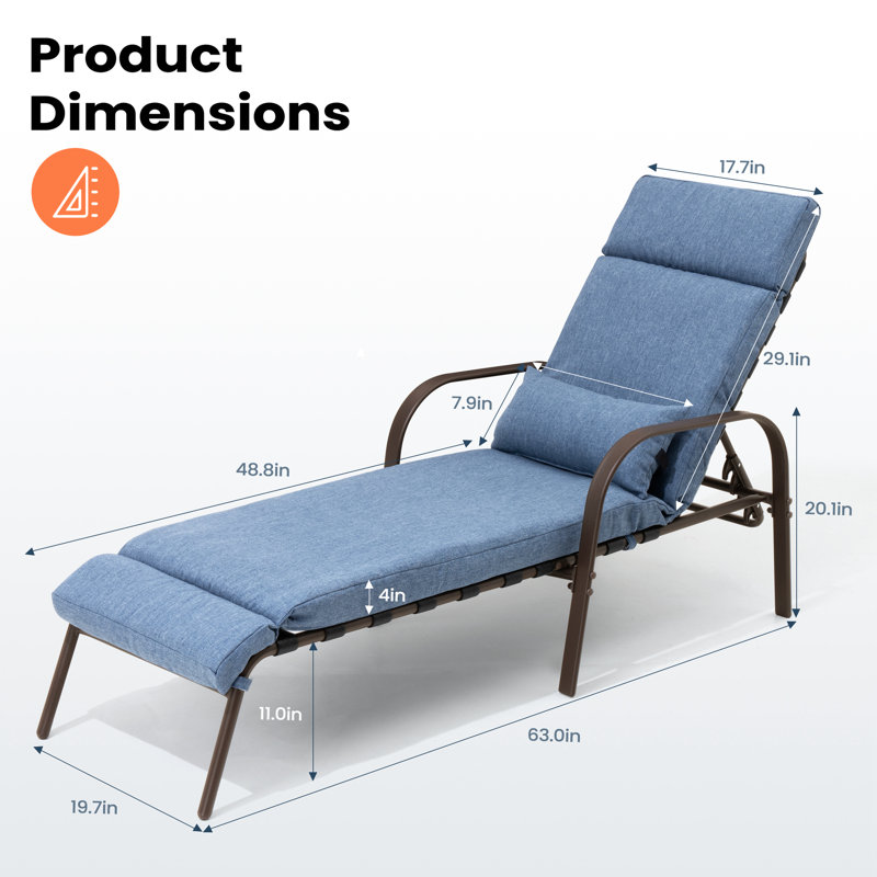 Outdoor Powder Coated Steel Chaise Lounge  With Cushions, Dark Blue