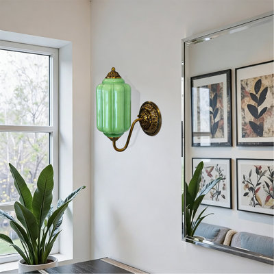 Vintage Green Glass Wall Sconce, Retro Brass Wall Light With Jade Green Glass Shade, Antique Style Wall Mounted Lamp For Bedroom Living Room Hallway Bathroom