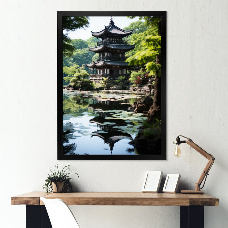 Tagert, art asiatique, pagode sereine - impression, Impression noire sur toile encadrée, H 20 po x l 12 po x P 1 po