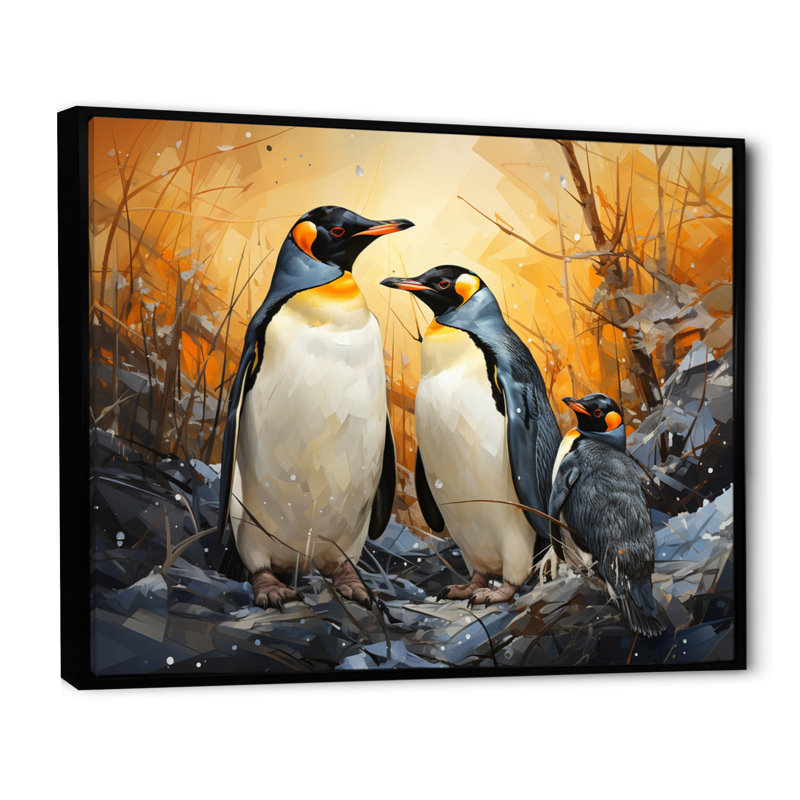 Multicolor Geometric Penguins Journey II - Animals Wall Art Living Room, Cadre flottant noir, H 34 po x l 44 po x P 1,5 po