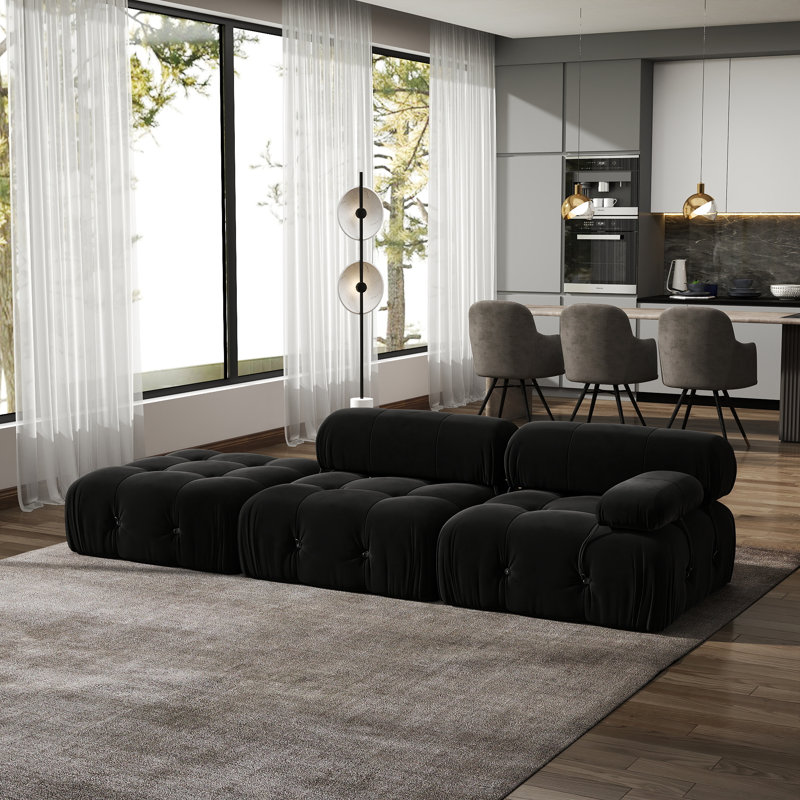 Cylar 3-Piece Upholstered Modern Velvet Modular Sofa With Ottoman, Black