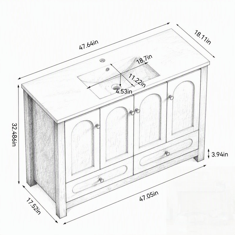 Meuble-lavabo de salle de bain avec lavabo en résine, armoire de rangement abondante - 4 portes à fermeture douce et 2 tiroirs