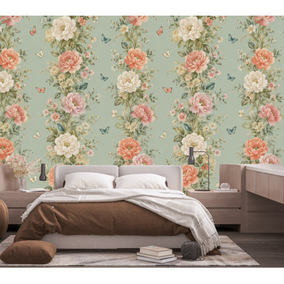 Vintage Floral Wallpaper, Botanical Wall Mural, Cottagecore Flower Wallpaper, Peony Garden Bedroom Decor, Peel and Stick 857DLU