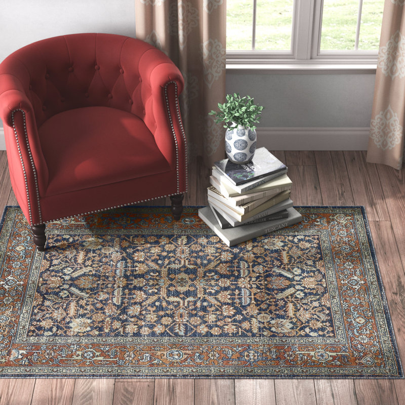 Tapis oriental bleu marine / orange Jebril, Rectangle 6 pi 7 po x 9 pi 6 po