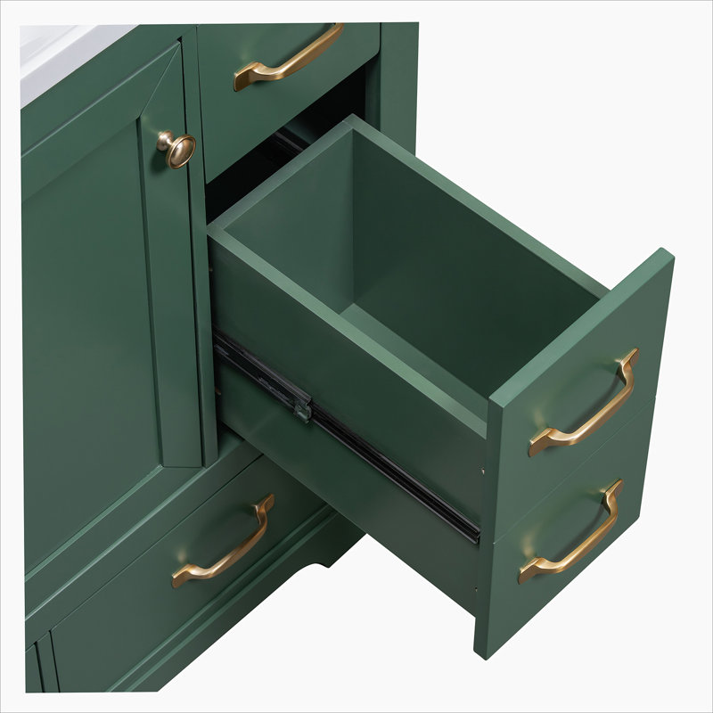 Green Solid Wood and MDF Freestanding Bathroom Vanity Base with Six Drawers