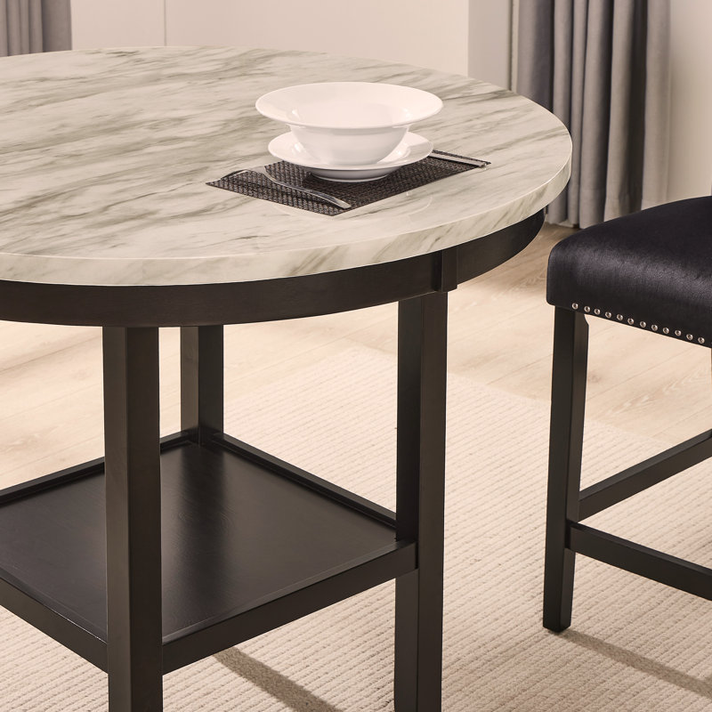 Ensemble de salle à manger 5 pièces à hauteur de comptoir Mella - Table ronde en faux marbre avec 4 tabourets Parsons en velours gris