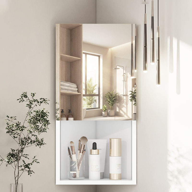 Corner Bathroom Mirror Cabinet,Wall Mounted Corner Cabinet with 3 Shelves,Single Door Bathroom Cabinets with Mirror,White Storage Unit for Shower Room Bedroom Living Room, 30*24*60CM,White