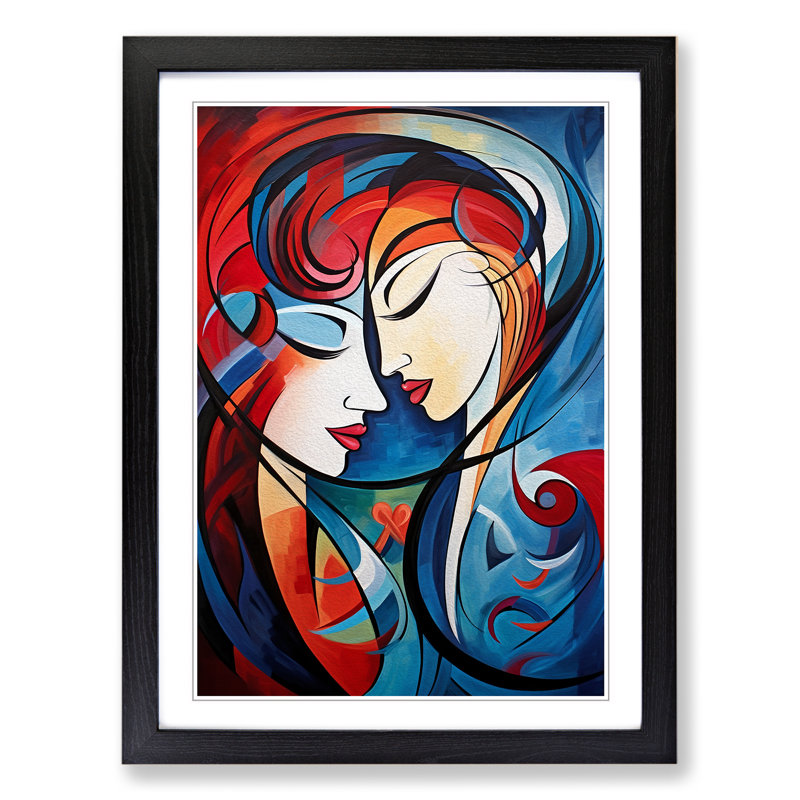 Two Women In Love Abstract - Single Picture Frame Print on Wood, 34cm H x 25cm W, Black Framed