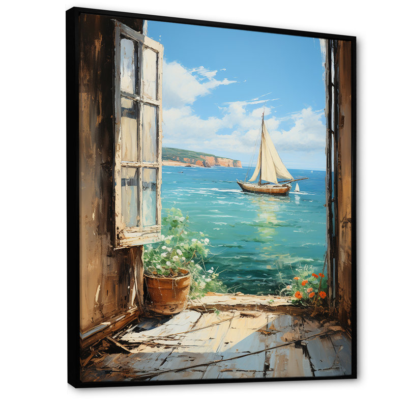 Voilier de bateau, vue sur l'océan II - fenêtres côtières, art mural, H 20 po x l 12 po x P 1 po, Cadre flottant noir