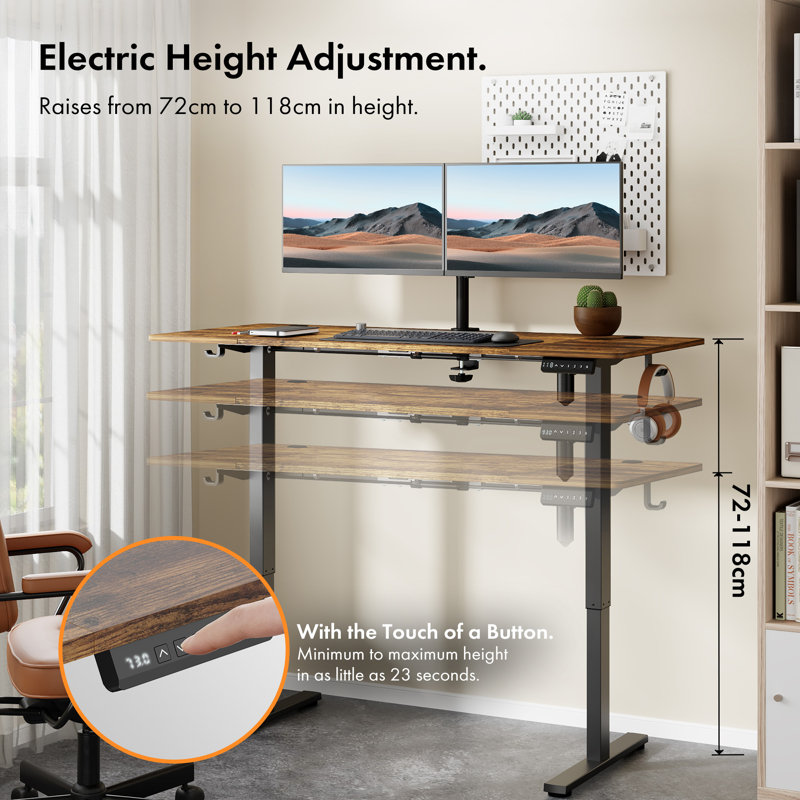 Adjustable Height Steel Standing Desk, 140 W x 60 D, Walnut/Black