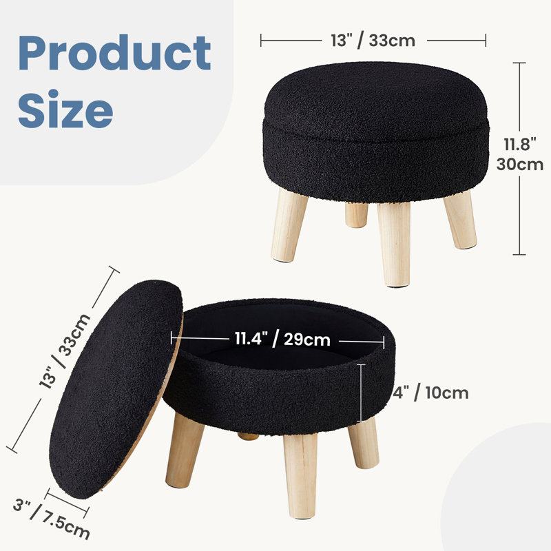 Modern Round Footrest with Soft Padded Seat, Teddy Velvet Footstool with Wood Legs, Black