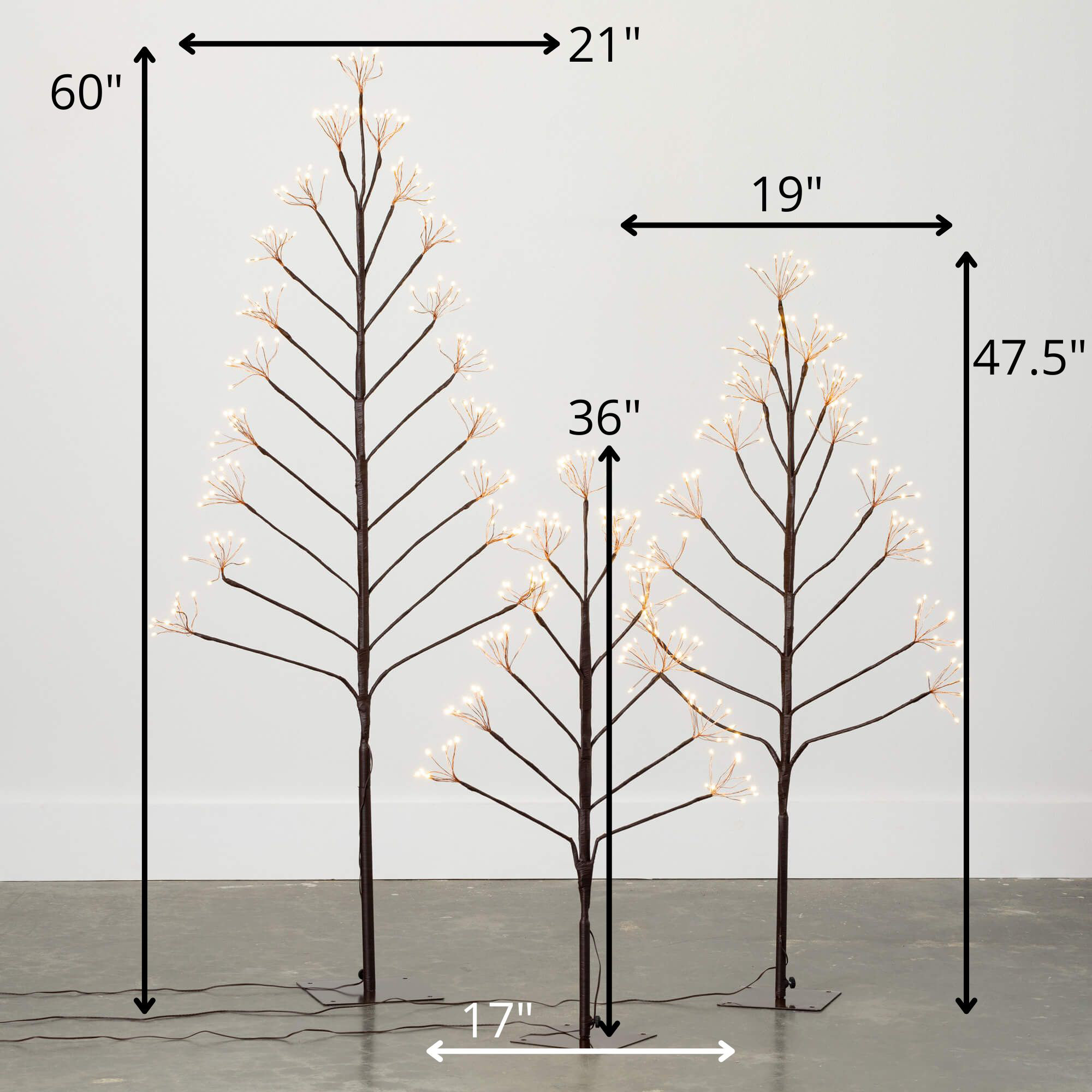 60"H, 47.5"H And 36"H Outdoor Lighted Twig Tree Set; Brown