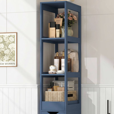 Armoire de rangement verticale pour salle de bain H 66,9 "x l 9,8" avec tablettes ouvertes, boîte en bois mobile et tiroirs à bijoux, rangement à linge moderne