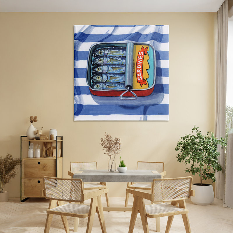 Sardines sur toile rayée, design par Kate Jarvik Birch, H 36 po x l 36 po