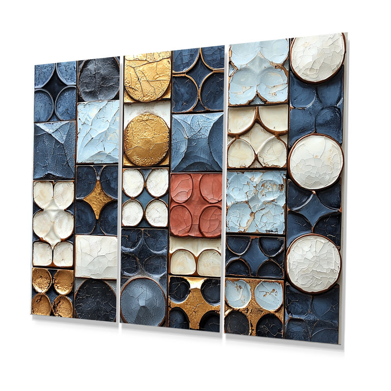 «Abstract Blue and White Rhythms Tiles II», ensemble d'art mural abstrait, Métal métal, H 28 po x l 36 po x P 1 po