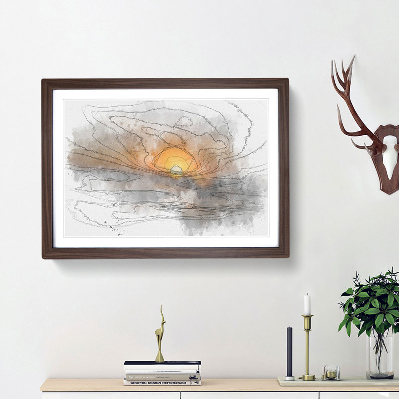 Sunset in Honolulu Hawaii - Picture Frame Painting Print, 33cm H x 45cm W x 2cm D, Walnut Framed